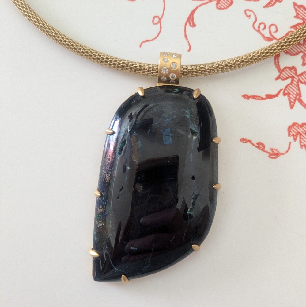 Amazing 10k Yellow Gold Diamond Bail Azurite Blue Gemstone Huge Pendant OOAK - Picture 10 of 16